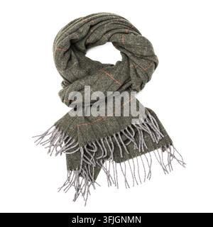 A gray-green woven scarf with an orange herringbone pattern, wrapped into a loose loop and displayed against a plain white background. Stock Photo