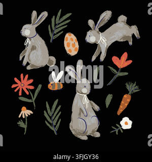 Hand Painted Easter Rabbits Flowers Carrot Egg and Bee Elements Isolated on Black Stock Vector