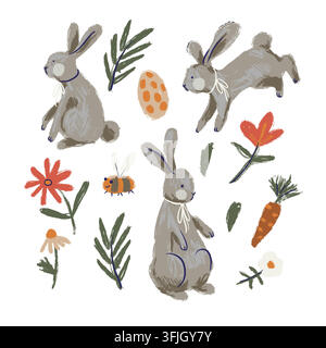 Hand Painted Easter Rabbits Flowers Carrot Egg and Bee Elements Isolated on White Stock Vector
