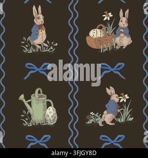 Dark Navy Easter Rabbit Garden Vignettes with Blue Wavy Stripes and Bows Pattern Stock Vector