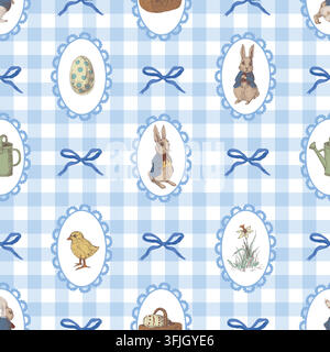 Blue Gingham Seamless Easter Pattern with Rabbit Egg Chick Cameos and Decorative Bows Stock Vector