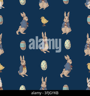 Cute Easter Rabbits Chicks and Painted Eggs Ditsy Pattern on Dark Navy Background Stock Vector