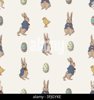 Cute Easter Rabbits Chicks and Painted Eggs Hand Drawn Ditsy Seamless Pattern Design Stock Vector