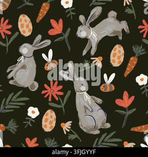Colorful Easter Rabbits Flowers Carrots Eggs and Bees Hand Painted Seamless Pattern Design Stock Vector