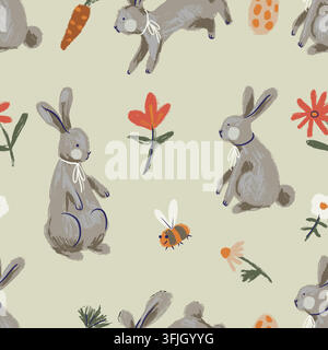Cute Easter Rabbits Flowers Eggs Carrots and Bees Scattered Seamless Pattern on Cream Stock Vector
