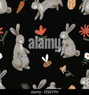 Cute Easter Rabbits Flowers Eggs Carrots and Bees Scattered Seamless Pattern on Black Stock Vector