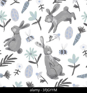 Cool Pastel Easter Rabbits Flowers Carrots Eggs and Bees Hand Painted Seamless Pattern Stock Vector