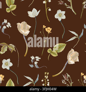 Delicate Vintage Roses and Wildflowers Ditsy Botanical Seamless Pattern on Brown Background Design Stock Vector