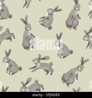 Cute Gray Rabbits in Different Poses Hand Painted Seamless Pattern on Cream Background Stock Vector