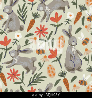Whimsical Easter Rabbits Flowers Carrots Eggs and Bees Hand Painted Seamless Pattern Design Stock Vector