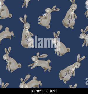 Cute Gray Rabbits in Different Poses Hand Painted Seamless Pattern on Navy Background Stock Vector
