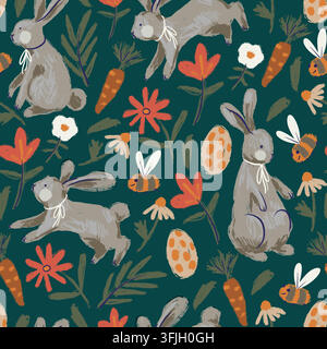 Whimsical Easter Rabbits Flowers Carrots Eggs and Bees Seamless Pattern on Dark Teal Stock Vector