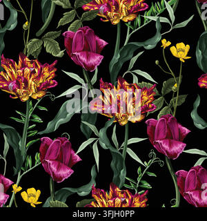 Dark Romantic Tulips and Wildflowers Realistic Botanical Seamless Pattern on Black Background Design Stock Vector