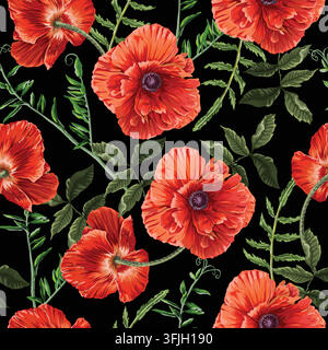 Vibrant Red Poppies and Green Ferns Realistic Botanical Seamless Pattern on Black Background Stock Vector