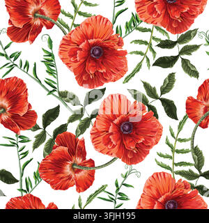 Vibrant Red Poppies and Green Ferns Realistic Botanical Seamless Pattern on White Background Stock Vector
