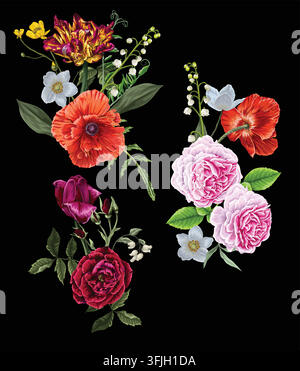 Colorful Botanical Flower Bouquets with Roses Poppies Tulips and Wildflowers on Black Background Stock Vector