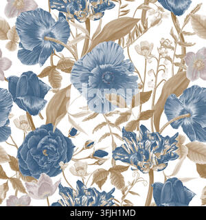 Blue and Beige Roses Poppies Tulips Realistic Botanical Seamless Pattern on White Background Stock Vector