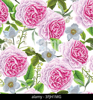 Romantic Pink Roses and White Wildflowers Realistic Botanical Seamless Pattern on White Background Stock Vector