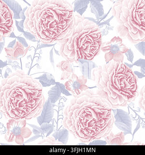 Soft Faded Pink Roses and Wildflowers Delicate Botanical Seamless Pattern on White Background Stock Vector