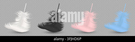 Realistic Feathers, Vector Illustration. Feathers in White Black Pink and Blue. Feathers Floating Isolated for Fashion, Decoration, Beauty, Softness Stock Vector