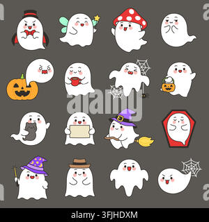 Kawaii ghost halloween expression grid set on gray vector illustration Stock Vector