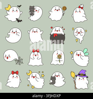 Kawaii ghost halloween expression grid set on sage vector illustration Stock Vector