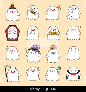 Kawaii ghost halloween expression grid set on peach vector illustration Stock Vector