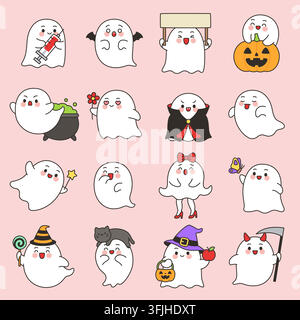 Kawaii ghost halloween expression grid set on pink vector illustration Stock Vector