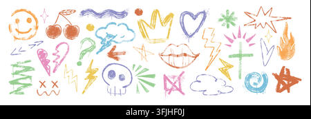 Hand drawn colorful crayon doodle kid elements, line shapes, dots, squiggles. Set of chalk pencil texture cute baby summer icons. Freehand charcoal smile face, star, childish scribbles in sketch style Stock Vector