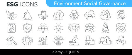 ESG icon set. Environment social governance thin outline editable stroke collection. Environmental responsibility concept with renewable energy, global protection, recycling, carbon dioxide reduction Stock Vector