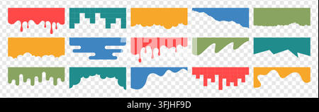 Separator header shapes set, section divider for website, app, web page, banner. Modern bottom, top border, headline design elements or footers with wavy lines, drips, drops on transparent background Stock Vector