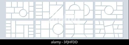 Mood board collage grid set. Mosaic picture frames for moodboard layout. Photo album, flyer, booklet, brochure, gallery banner or portfolio images design template of geometric forms on gray background Stock Vector