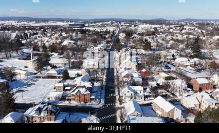 Aerial view of the historic town of Lititz covered in a blanket of snow ...