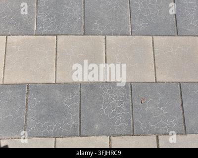 A top-down view of outdoor pavement consisting of rectangular concrete tiles arranged in alternating rows of dark grey and light beige colors. The Stock Photo