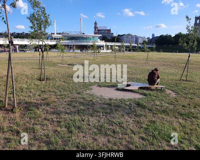 A solitary individual sits on a modern, curved wooden bench in an expansive urban park with patchy green and brown grass. Young trees supported by Stock Photo
