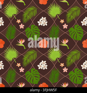 Vector seamless pattern with tropical hibiscus, strelitzia, plumeria, monstera, and palm leaf on brown grid background. Exotic botanical texture. Stock Vector