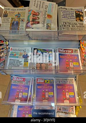 Despite smartphone apps, British newspapers displayed for sale in a supermarket, including The Times, i weekend, The Guardian, Mirror and The Sun. Stock Photo