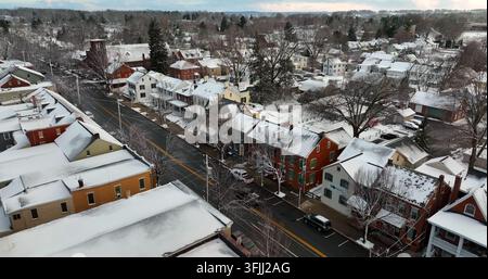 Aerial view of the historic town of Lititz covered in a blanket of snow ...