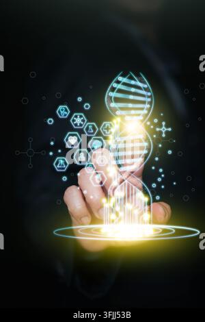 Finger touching glowing digital DNA double helix with floating medical hexagonal icons. Interactive genetic engineering, biotechnology analysis, gene Stock Photo