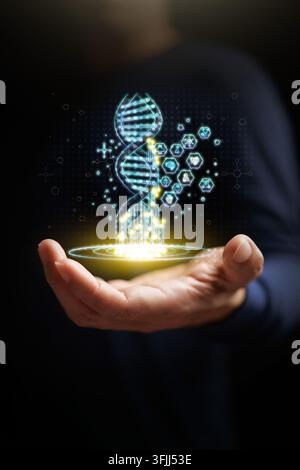 Hand holding glowing digital DNA double helix hologram with medical icons, representing genetic engineering, biotechnology research, personalized medi Stock Photo