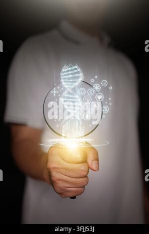 Hand holding magnifying glass on digital DNA double helix with floating medical icons. Genetic research, biotechnology analysis, DNA inspection, and g Stock Photo
