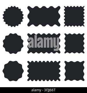 Minimalist wavy geometric shapes icon set. Black scalloped frames and blank zigzag stickers Stock Vector