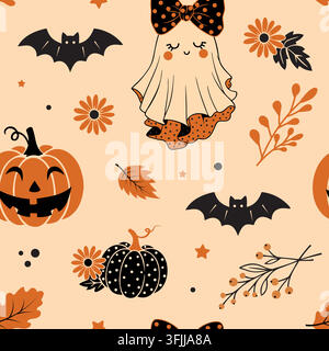 Halloween seamless pattern with cute ghost and pumpkins. Stock Vector