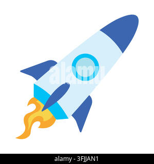 Classic blue and white cartoon space rocket flying isolated on white background. Stock Vector