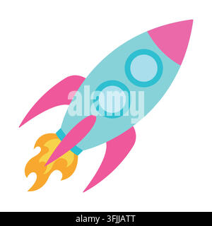 Cute cyan and pink cartoon space rocket launching isolated on white background. Stock Vector