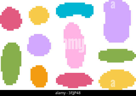 Collection of colorful geometric shapes with pixel borders isolated on white background. Set of simple pixelated figures for classic 8 bit arcade computer game. Vector flat illustration. Stock Vector