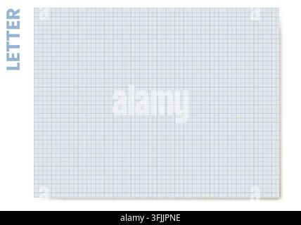 Letter landscape blue millimeter graph sheet with hierarchical squares, vertical size label and soft shadow on white. Great for printable office drafting, school geometry or engineering worksheets Stock Vector