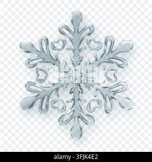 A complex translucent snowflake with rounded crystalline branches in shades of gray with soft shadow on a transparent background. Transparency only in Stock Vector