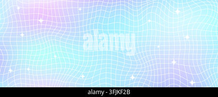 Pastel Y2k trippy sparkle grid mesh background. Distorted wireframe pattern with stars. Groovy gradient twinkle and line checkered wallpaper. Vector colorful gradation nostalgic aesthetic tile texture Stock Vector
