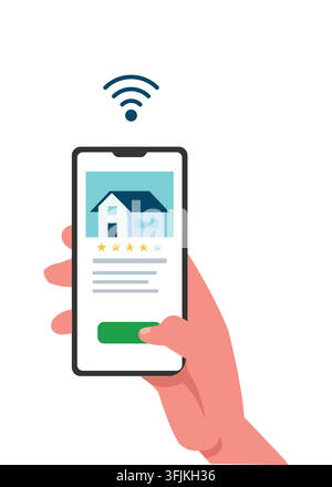 Flat illustration of a hand holding a smartphone to view property rental listings, featuring a house image, rating stars, and wifi connection indicato Stock Vector